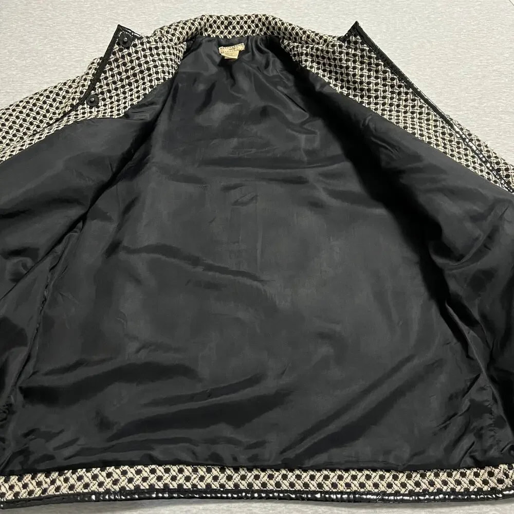 Nubby Coat Jacket Womens Medium Black White Tweed Y2K Patent Leather Trim Modern